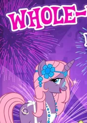 Size: 334x474 | Tagged: safe, derpibooru import, cauldron bubbles, pony, unicorn, cropped, flower, flower in hair, gameloft, gameloft shenanigans, hippie, meme, moon, solo, wow! glimmer