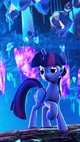 Size: 2160x3840 | Tagged: safe, artist:radiativespingear, derpibooru import, twilight sparkle, twilight sparkle (alicorn), alicorn, pony, 3d, cave, crystal, female, solo, source filmmaker