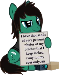 Size: 915x1169 | Tagged: suggestive, artist:lightningbolt, derpibooru import, ponified, earth pony, pony, .svg available, box, bring me the horizon, camera, clothes, dreamworks face, fucked up, hoof hold, implied incest, implied masturbation, looking at you, male, pony shaming, raised eyebrow, shirt, sign, simple background, sitting, smiling, smirk, solo, stallion, svg, tom sykes, transparent background, vector, wat, 📷