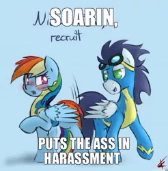 Size: 555x565 | Tagged: safe, artist:crade, derpibooru import, edit, rainbow dash, soarin', butt fun, female, male, sexual harassment, shipping, soarindash, straight, text