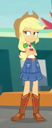 Size: 385x945 | Tagged: safe, derpibooru import, screencap, applejack, equestria girls, equestria girls series, rollercoaster of friendship, applejack's hat, boots, clothes, cowboy boots, cowboy hat, cropped, crossed arms, denim skirt, female, freckles, hat, legs, shoes, skirt, stetson