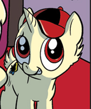 Size: 184x221 | Tagged: safe, derpibooru import, idw, pony, unicorn, spoiler:comic, spoiler:comicm08, cap, comic, cropped, hat, huey, huey (pony), male, smiling