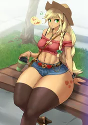 Size: 1138x1608 | Tagged: safe, artist:chigusa, derpibooru import, applejack, equestria girls, abs, applebucking thighs, applejack's hat, belly button, bench, clothes, cowboy hat, curvy, cutie mark, cutie mark on equestria girl, explicit source, female, grass, hat, hot pants, i can't believe it's not sundown, impossibly large thighs, shorts, sitting, socks, solo, stockings, stupid sexy applejack, thick, thigh highs, thighs, thunder thighs