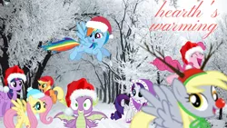 Size: 1920x1080 | Tagged: alicorn, animal costume, antlers, applejack, artist:what's a username, christmas, clothes, costume, deer, derpibooru import, derpy hooves, desktop background, dragon, fluttershy, hat, hearth's warming, holiday, pinkie pie, rainbow dash, rarity, reindeer, reindeer antlers, reindeer costume, rudolph, rudolph nose, rudolph the red nosed reindeer, safe, santa hat, snow, spike, tree, twilight sparkle, twilight sparkle (alicorn), wallpaper, winged spike