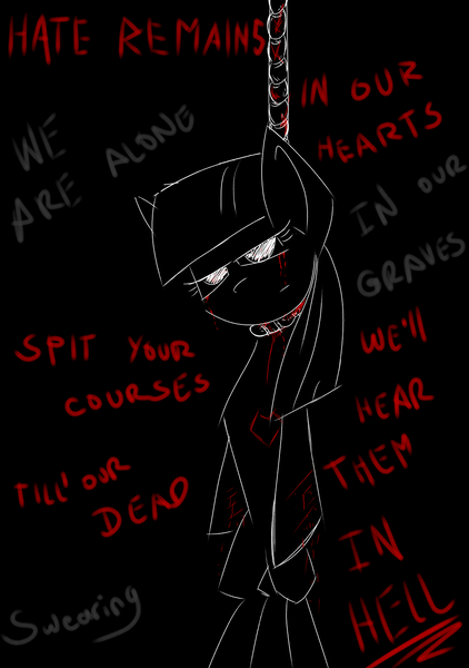 Size: 1039x1476 | Tagged: artist:whitelie, blood, cut, death, derpibooru import, grimdark, hanging, hanging (by neck), heart, lineart, noose, oc, oc:cosmia nebula, self harm, solo, suicide, text, unofficial characters only