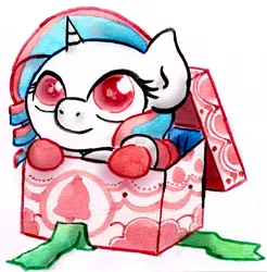 Size: 1590x1616 | Tagged: safe, artist:mashiromiku, derpibooru import, oc, oc:mimi, pony, unicorn, box, hearth's warming, looking up, pony in a box, present, solo, traditional art, watercolor painting