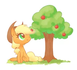 Size: 750x680 | Tagged: safe, artist:kkmrarar, derpibooru import, edit, editor:jamalleymall, applejack, pony, apple, applejack's hat, chibi, cowboy hat, cropped, cute, female, food, hat, jackabetes, mare, simple background, smiling, solo, tree, white background