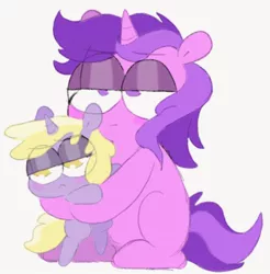 Size: 612x622 | Tagged: safe, artist:pinkiespresent, derpibooru import, amethyst star, dinky hooves, pony, unicorn, blank flank, blushing, cute, dinkabetes, don't talk to me or my son ever again, duo, female, filly, frown, hug, judging you, kidcore, lidded eyes, mare, missing cutie mark, siblings, simple background, sisterly sparkler, sisters, sitting, unamused, white background, younger