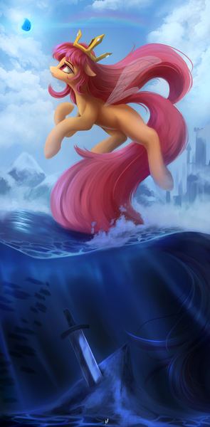 Size: 1509x3070 | Tagged: safe, artist:fluttersheeeee, derpibooru import, ponified, pony, aurora (child of light), crown, female, jewelry, mare, rainbow, regalia, solo, sword, water, weapon