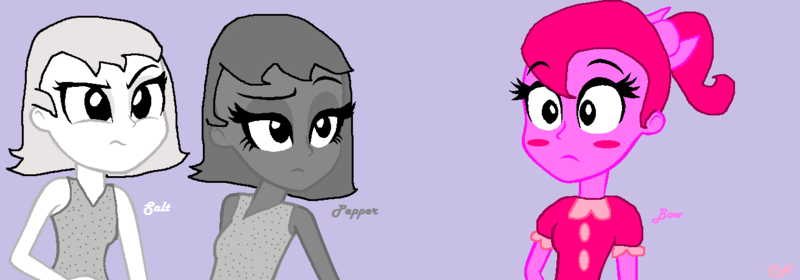 Size: 1317x461 | Tagged: safe, artist:coriisthename, derpibooru import, equestria girls, bow (inanimate insanity), equestria girls-ified, inanimate insanity, pepper (inanimate insanity), salt (inanimate insanity)