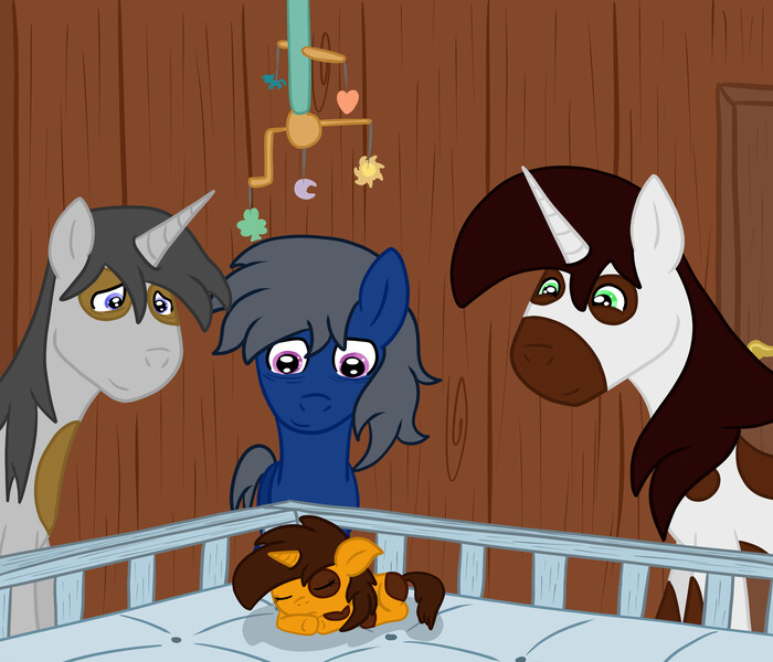 Size: 3500x3000 | Tagged: safe, artist:bigmackintosh, derpibooru import, oc, oc:aíne, oc:hardy mackintosh, oc:ironside, oc:russel sprout, unofficial characters only, pony, cot, crib mobile, foal
