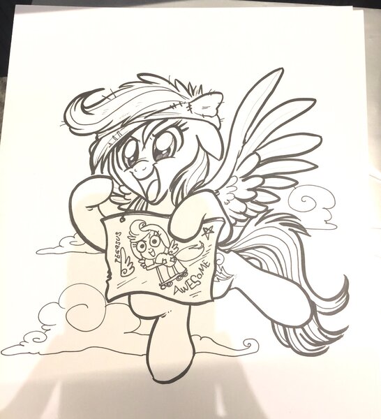 Size: 1862x2048 | Tagged: safe, artist:whitediamonds, derpibooru import, rainbow dash, scootaloo, pegasus, pony, the washouts (episode), cheering, fangirl, flying, foreshadowing, monochrome, solo, traditional art