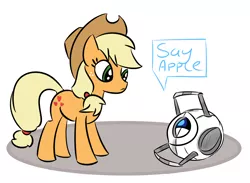 Size: 1554x1139 | Tagged: safe, artist:virtualcipher, derpibooru import, applejack, pony, crossover, dialogue, female, mare, personality core, portal, portal (valve), portal 2, simple background, wheatley, white background