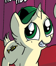 Size: 194x226 | Tagged: safe, derpibooru import, idw, pony, unicorn, spoiler:comic, spoiler:comicm08, cap, colt, cropped, cutie mark, hat, louie, louie (pony), male, official comic, smiling, solo focus