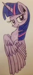 Size: 1024x2299 | Tagged: safe, artist:shinycyan, derpibooru import, twilight sparkle, twilight sparkle (alicorn), alicorn, pony, bust, female, looking at you, mare, smiling, solo, spread wings, watermark, wings
