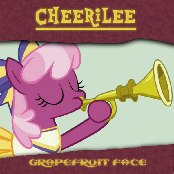 Size: 2000x2000 | Tagged: safe, artist:grapefruitface1, derpibooru import, edit, cheerilee, pony, bugle mistaken for a trumpet, cheerileeder, cheerleader, europe, europe (band), grapefruit face, musical instrument, parody, single cover, trumpet