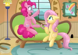 Size: 4950x3510 | Tagged: safe, artist:raspberrystudios, derpibooru import, fluttershy, pinkie pie, earth pony, pegasus, pony, couch, cute, duo, excited, female, fluttershy's cottage, folded wings, food, indoors, lamp, looking at each other, mare, open mouth, smiling, tea, wings