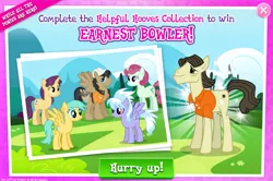 Size: 1039x688 | Tagged: safe, derpibooru import, official, amethyst skim, cloudchaser, jack hammer, sunshower raindrops, theodore donald "donny" kerabatsos, earth pony, pegasus, pony, unicorn, advertisement, background pony, clothes, donny, female, gameloft, hard hat, male, mare, shirt, stallion