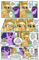 Size: 1800x2768 | Tagged: alicorn, applejack, applejack's hat, artist:brokententacle, cloud, comic, comic:curse and madness, cowboy hat, creepy eyes, day, derpibooru import, dialogue, doppleganger, female, hat, heterochromia, mare, mlpcam, ponyville, red pupils, safe, sky, text, text bubbles, twilight sparkle, twilight sparkle (alicorn)