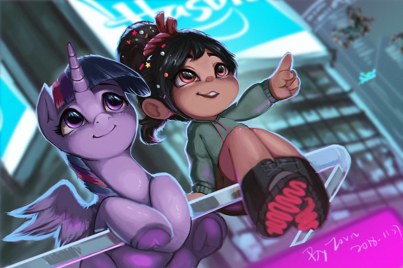 Size: 3000x2000 | Tagged: safe, artist:theprince, derpibooru import, twilight sparkle, twilight sparkle (alicorn), alicorn, pony, crossover, disney, duo, female, frog (hoof), hasbro, hasbro logo, mare, pointing, ralph breaks the internet, underhoof, vanellope von schweetz, wreck-it ralph