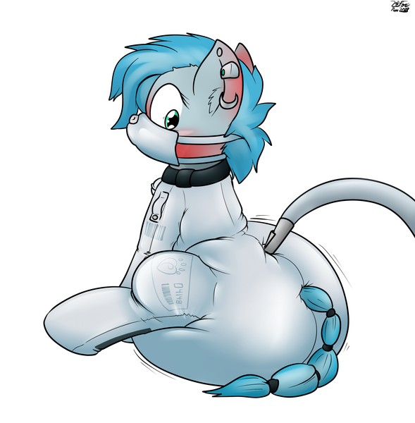 Size: 1607x1637 | Tagged: artist:the-furry-railfan, bar code, bell, bell collar, blushing, bondage, cat bell, clothes, collar, derpibooru import, diaper, diaper bondage, diaper fetish, diaper inflation, ear piercing, earring, female, fetish, gag, hose, inflation, jewelry, latex, latex suit, muzzle gag, oc, oc:misty (krd), piercing, poofy diaper, rubber, rubber suit, sitting, solo, squishy, suggestive, suit, tail wrap, valve, water, worried