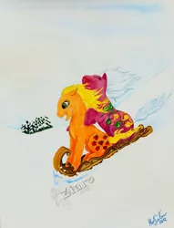 Size: 600x785 | Tagged: applejack (g1), artist:z1ar0, derpibooru import, duo, g1, safe, sled, sledding, snow, twice as fancy ponies, up up and away, winter