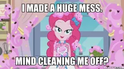 Size: 600x337 | Tagged: suggestive, derpibooru import, edit, edited screencap, screencap, pinkie pie, equestria girls, equestria girls series, the craft of cookies, spoiler:eqg series (season 2), bedroom eyes, caption, image macro, kitchen, looking at you, smiling, text