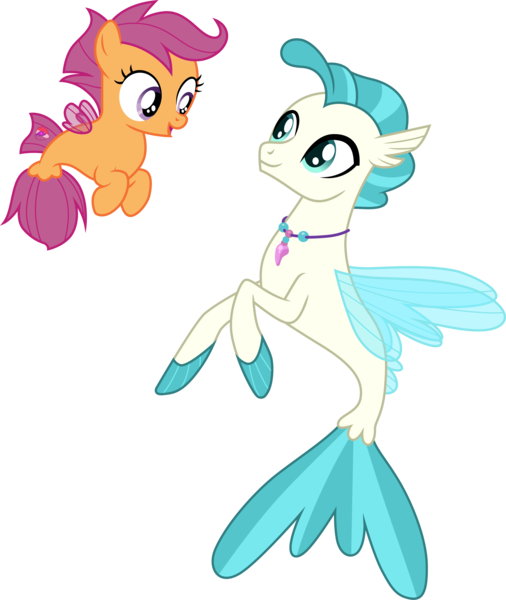 Size: 3000x3557 | Tagged: artist:cloudyglow, cute, cutealoo, derpibooru import, female, looking at each other, safe, scootaloo, seaponified, seapony (g4), seapony scootaloo, season 8, simple background, smiling, species swap, spoiler:s08, surf and/or turf, terrabetes, terramar, transparent background, vector