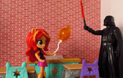 Size: 608x386 | Tagged: safe, artist:whatthehell!?, derpibooru import, sunset shimmer, equestria girls, equestria girls series, animated, balloon, boots, chair, classroom, clothes, dark vader, darth vader, desk, doll, equestria girls minis, eqventures of the minis, fight, gif, globe, irl, laser sword, photo, school, shoes, skirt, star wars, stop motion, sword, the force, theme park, toy, weapon