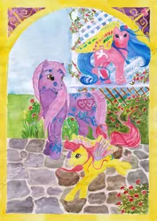 Size: 600x848 | Tagged: artist:z1ar0, derpibooru import, flower, flowerbelle, flower fantasy ponies, g1, rose, safe, sky dancer, starry wings (g1), summer wing ponies, traditional art, watermark, windy wing ponies