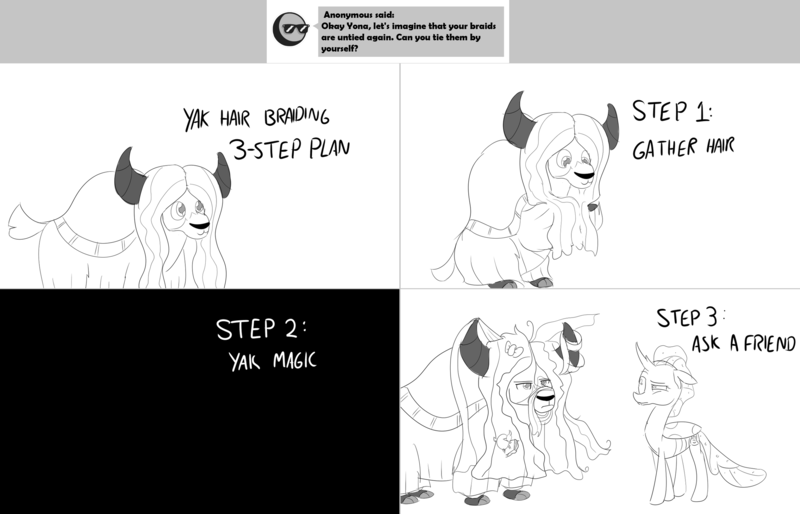 Size: 2564x1646 | Tagged: artist:sintakhra, ask, "best yak" trophy, changedling, changeling, derpibooru import, loose hair, messy hair, monochrome, ocellus, post-it, safe, tumblr, tumblr:studentsix, yak, yona