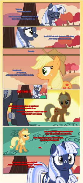 Size: 1919x4225 | Tagged: safe, artist:estories, derpibooru import, applejack, oc, oc:silverlay, earth pony, pony, unicorn, comic:a(pple)ffection, applejack's hat, canon x oc, comic, cowboy hat, female, grammar error, hat, lesbian, shipping, silverjack, stetson, text, tree