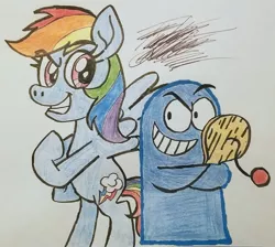 Size: 1737x1553 | Tagged: safe, artist:numbuh7studios, derpibooru import, rainbow dash, pegasus, pony, bloo (foster's), blue, duo, foster's home for imaginary friends, smiling, smirk, traditional art