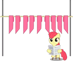 Size: 3200x2706 | Tagged: safe, artist:rhubarb-leaf, derpibooru import, edit, editor:slayerbvc, vector edit, apple bloom, earth pony, pony, accessory-less edit, apple bloom's bow, bow, clothes line, drying, female, filly, hair bow, laundry, looking at you, missing accessory, newspaper, reading, rope, sitting, solo, stool, vector