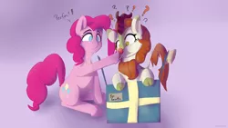 Size: 2560x1440 | Tagged: safe, artist:fuzzypones, derpibooru import, autumn blaze, pinkie pie, earth pony, kirin, pony, sounds of silence, :t, :|, boop, box, christmas, confused, cute, female, gradient background, holiday, mare, pink background, ponk, pony in a box, present, question mark, red nose, rudolph nose, simple background, smiling, wide eyes