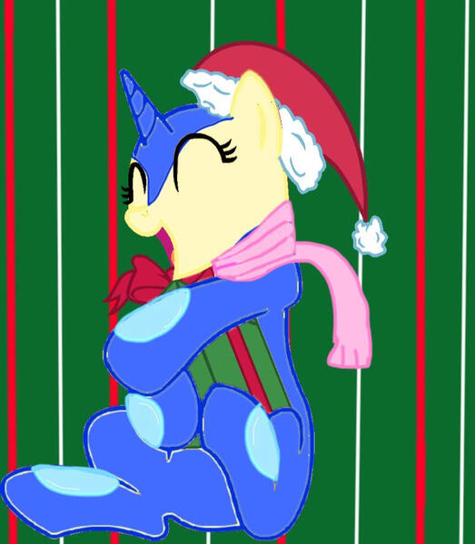 Size: 762x874 | Tagged: safe, artist:volcanicdash, derpibooru import, oc, oc:pond, ponified, greninja, pony, unicorn, christmas, crossover, female, hat, holiday, mare, nintendo, pokémon, present, santa hat, super smash bros.