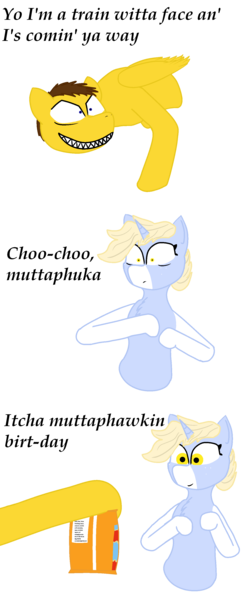 Size: 1337x3302 | Tagged: safe, artist:not-immortal, derpibooru import, oc, oc:blu skies, oc:nootaz, unofficial characters only, pony, birthday, birthday gift, blaze (coat marking), cheetos, confused, creepy, creepy smile, freckles, happy, misspelling, scared, sharp teeth, smiling, startled, teeth, vulgar, waist up