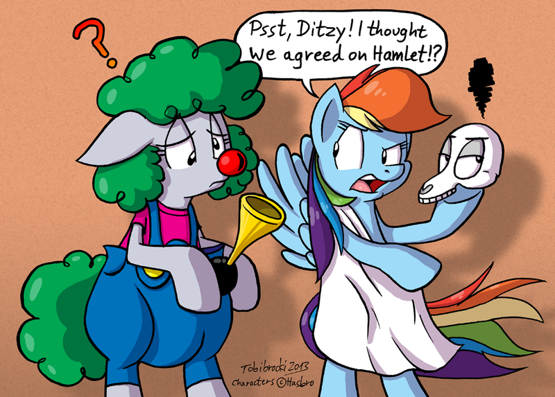 Size: 1000x716 | Tagged: safe, artist:tobibrocki, derpibooru import, derpy hooves, rainbow dash, pony, clothes, clown, clown nose, clown wig, dress, hamlet, horn, i just don't know what went wrong, rainbow dash always dresses in style, skull