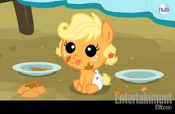 Size: 470x308 | Tagged: safe, derpibooru import, screencap, applejack, pony, apple family reunion, apple fritter (food), baby, baby pony, babyjack, cute, diaper, foal, food, plate, younger