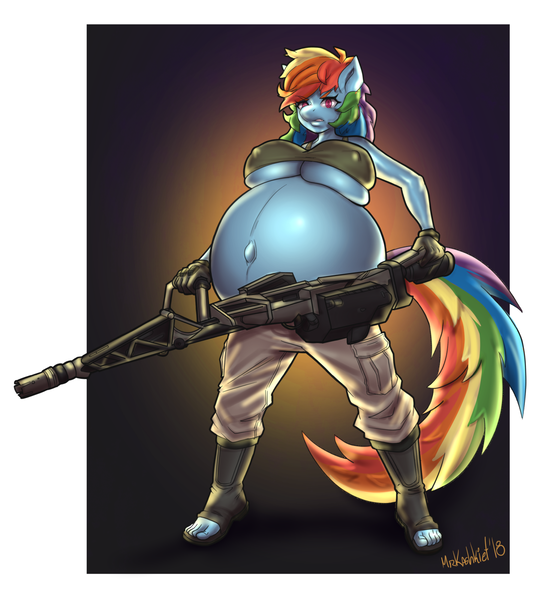 Size: 1500x1665 | Tagged: suggestive, artist:mrkashkiet, derpibooru import, rainbow dash, anthro, plantigrade anthro, alien (franchise), belly, big belly, big breasts, breasts, female, gun, huge belly, huge breasts, hyper, hyper belly, hyper pregnancy, image, impossibly large belly, machine gun, marines, png, preggo dash, pregnant, smart gun, solo, solo female, underboob, weapon