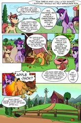 Size: 1800x2740 | Tagged: safe, artist:candyclumsy, derpibooru import, apple bloom, applejack, twilight sparkle, twilight sparkle (alicorn), alicorn, earth pony, pony, comic:curse and madness, apple, apple bloom's bow, apple tree, barn, bow, cloud, day, female, fence, food, hair bow, mare, mlpcam, sky, sweet apple acres, tree