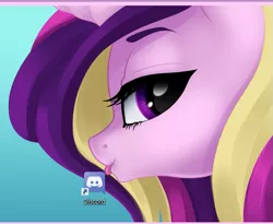 Size: 621x510 | Tagged: suggestive, artist:kinkypinkie, derpibooru import, edit, princess cadance, alicorn, pony, derpibooru, bedroom eyes, cropped, desktop, discord (program), gradient background, juxtaposition, licking, looking at you, looking back, looking back at you, meta, princess, screenshots, solo, tongue out