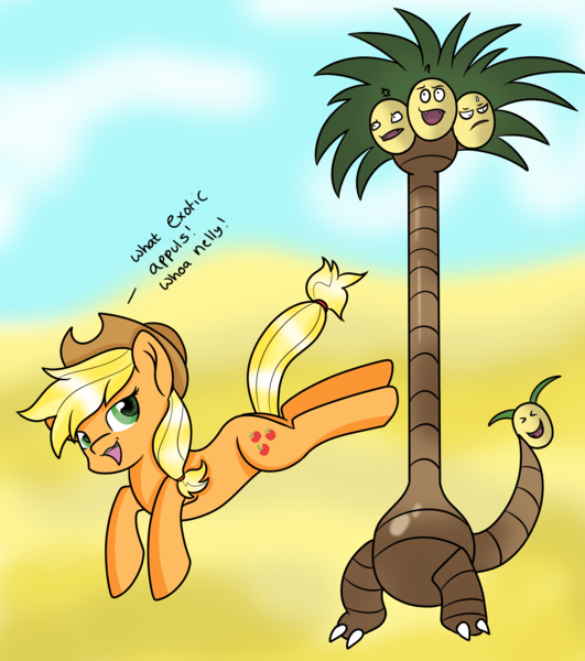 Size: 2300x2600 | Tagged: safe, artist:rainbowtashie, derpibooru import, applejack, exeggutor, pony, alolan exeggutor, bucking, crossover, pokémon, silly, silly pony, this will end in pain, who's a silly pony