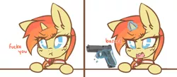 Size: 8000x3500 | Tagged: safe, artist:angelbeat-drift, derpibooru import, oc, oc:darla crossfire, pony, unicorn, :c, >:c, >:o, >:t, angry, ascot, chibi, comic, cussing, dialogue, female, frown, glock, gun, handgun, magic, magic aura, mare, pistol, vulgar, weapon