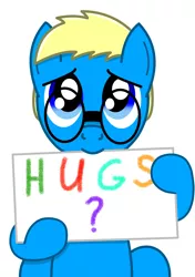 Size: 1807x2560 | Tagged: safe, artist:diaperdude, derpibooru import, oc, oc:blue wax, unofficial characters only, pony, cute, hugs needed, hugs?, sign, solo