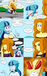 Size: 2000x3200 | Tagged: safe, artist:jake heritagu, derpibooru import, adagio dazzle, sonata dusk, comic:aria's archives, equestria girls, angry eyes, belly button, breasts, cleavage, clothes, comic, dialogue, dress, female, it was at this moment that she knew she fucked up, midriff, red eyes, see-through, short shirt, speech bubble