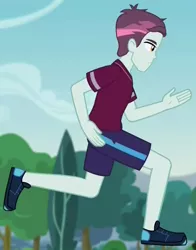 Size: 646x824 | Tagged: safe, derpibooru import, screencap, track starr, equestria girls, friendship games, pinkie spy (short), background human, blurred background, clothes, legs, running, shoes, shorts, sneakers, solo