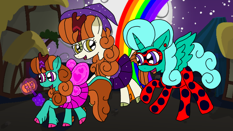 Size: 1920x1080 | Tagged: safe, artist:徐詩珮, derpibooru import, autumn blaze, glitter drops, oc, oc:miber blaze, alicorn, hybrid, pony, sounds of silence, clothes, dress, female, glitterblaze, glittercorn, halloween, holiday, interspecies offspring, lesbian, magical lesbian spawn, miraculous ladybug, night, offspring, parent:autumn blaze, parent:glitter drops, parents:glitterblaze, shipping, wings