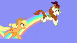 Size: 1280x720 | Tagged: safe, artist:nightshadowmlp, derpibooru import, edit, edited screencap, screencap, applejack, autumn blaze, pony, sounds of silence, a kirin tale, applejack's hat, blue background, cowboy hat, happy, hat, ms paint, rainbow, scene interpretation, simple background, stetson