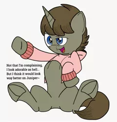 Size: 1352x1408 | Tagged: safe, artist:darkknighthoof, derpibooru import, oc, oc:darkknighthoof, unofficial characters only, pony, unicorn, bedroom eyes, clothes, fangs, featureless crotch, frog (hoof), male, meme, open mouth, pink sweater, raised hoof, simple background, sitting, solo, stallion, sweater, sweater meme, underhoof, white background